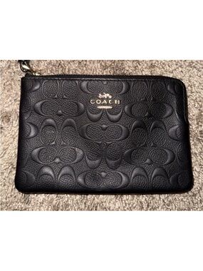 Coach Black Embossed Signature Leather Zip Wristlet with Gold Logo